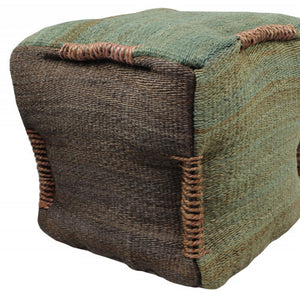 Homeroots 18" Green And Brown Jute Cube Pouf Ottoman   488731