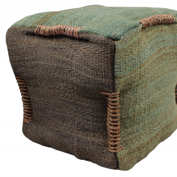 Homeroots 18" Green And Brown Jute Cube Pouf Ottoman   488731