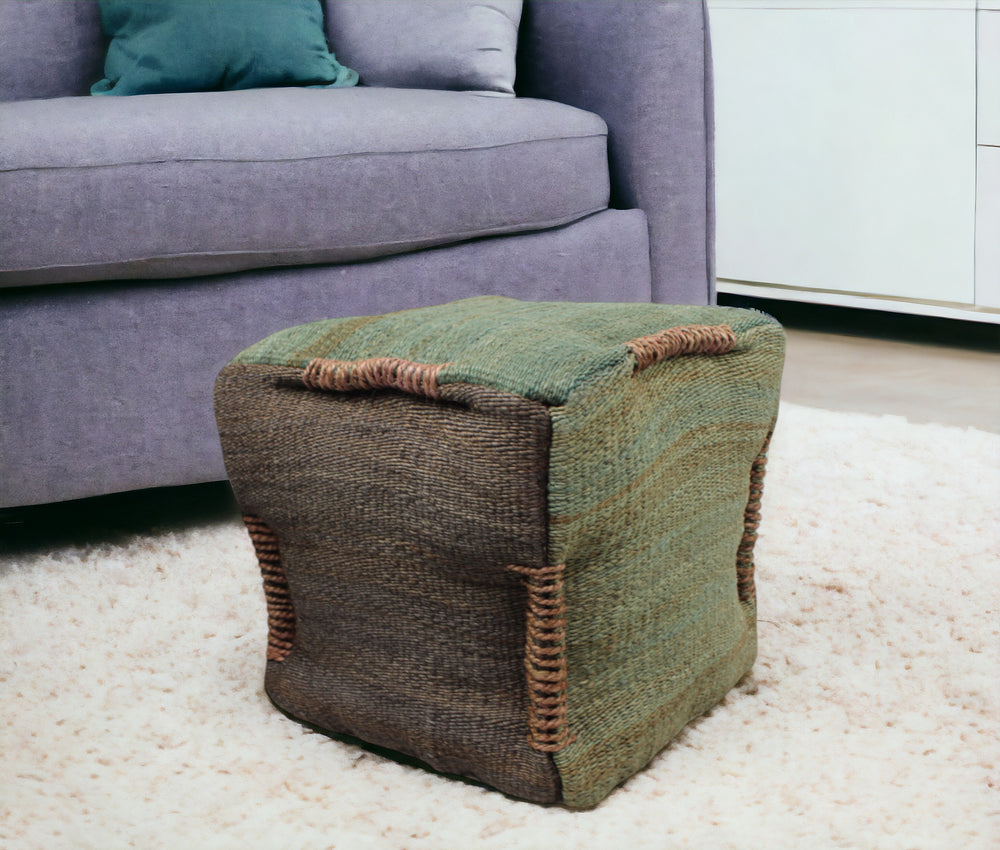 Homeroots 18" Green And Brown Jute Cube Pouf Ottoman   488731