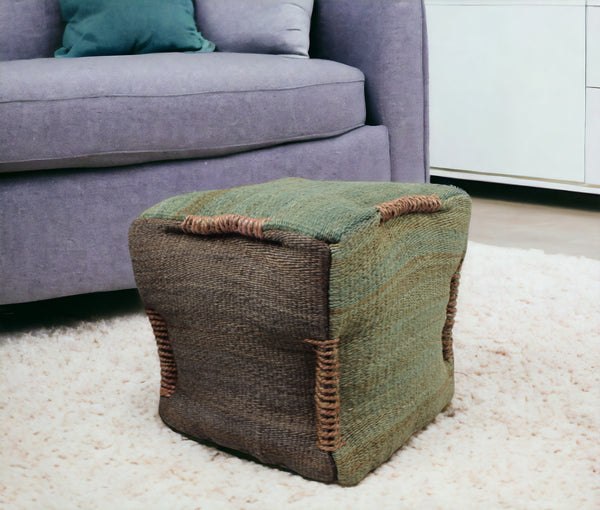 Homeroots 18" Green And Brown Jute Cube Pouf Ottoman   488731