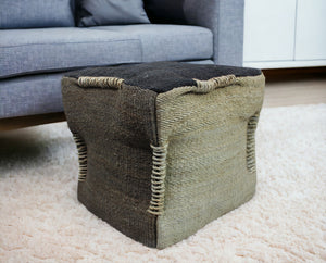 Homeroots 18" Black And Taupe Jute Cube Pouf Ottoman   488732