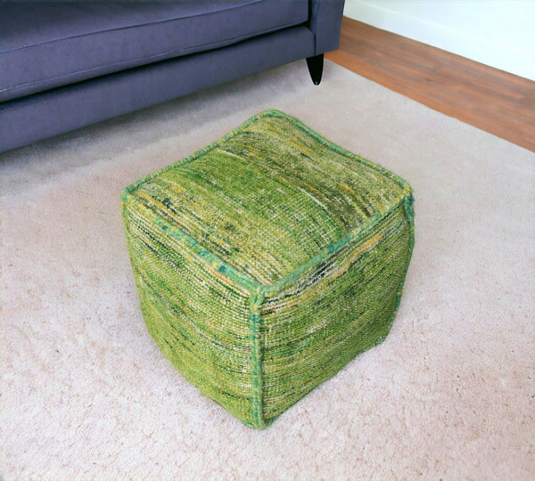Homeroots 18" Green Recycled Silk And Cotton Blend Cube Pouf Ottoman   488733
