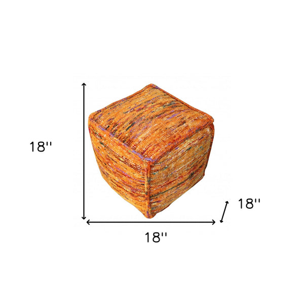 Homeroots 18" Orange Recycled Silk And Cotton Blend Cube Pouf Ottoman   488734