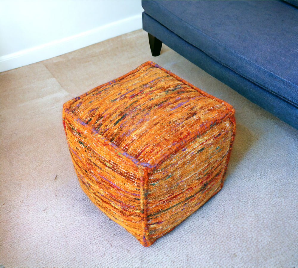 Homeroots 18" Orange Recycled Silk And Cotton Blend Cube Pouf Ottoman   488734