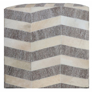 Homeroots 18" Gray And Beige Hair On Hide Cube Chevron Pouf Ottoman   488735