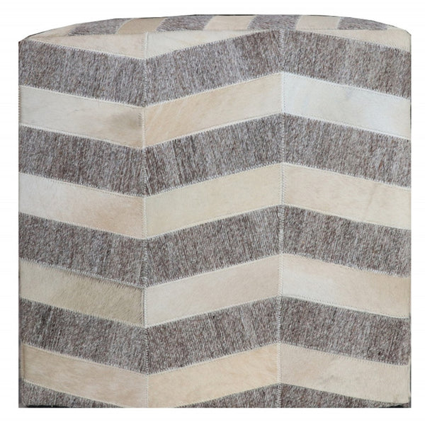 Homeroots 18" Gray And Beige Hair On Hide Cube Chevron Pouf Ottoman   488735