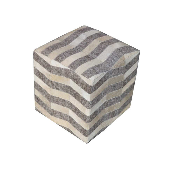 Homeroots 18" Gray And Beige Hair On Hide Cube Chevron Pouf Ottoman   488735