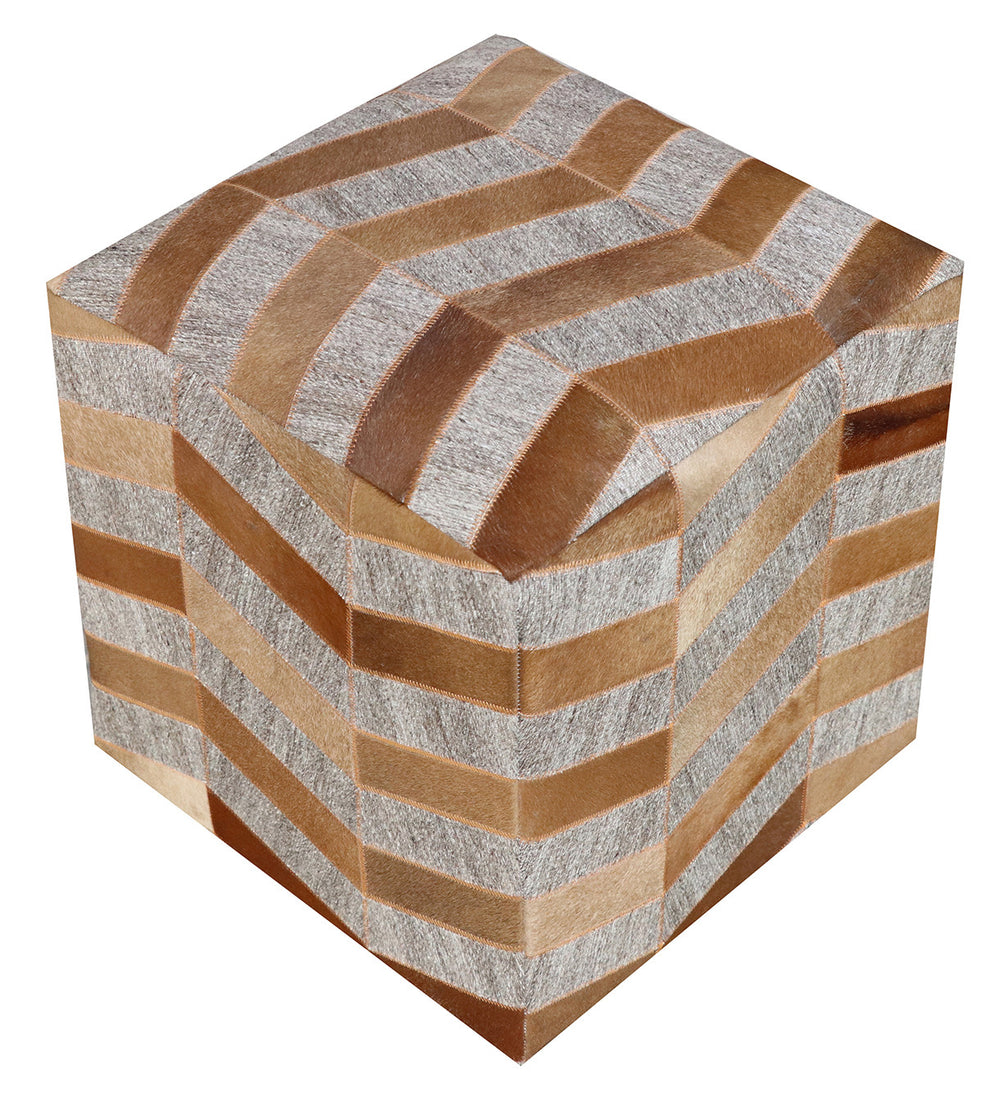 Homeroots 18" Gray And Bronze Hair On Hide Cube Chevron Pouf Ottoman   488736