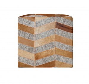 Homeroots 18" Gray And Bronze Hair On Hide Cube Chevron Pouf Ottoman   488736