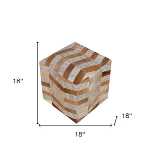 Homeroots 18" Gray And Bronze Hair On Hide Cube Chevron Pouf Ottoman   488736