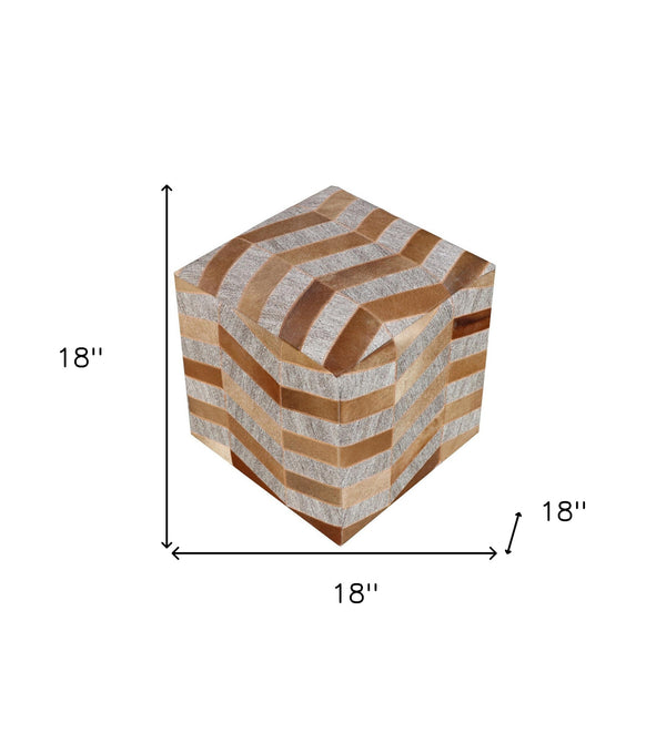 Homeroots 18" Gray And Bronze Hair On Hide Cube Chevron Pouf Ottoman   488736