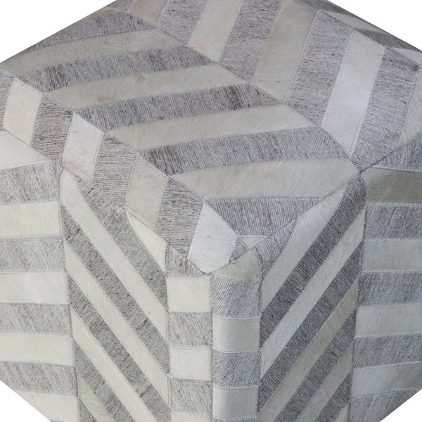 Homeroots 18" Gray And Ivory Hair On Hide Cube Chevron Pouf Ottoman   488737
