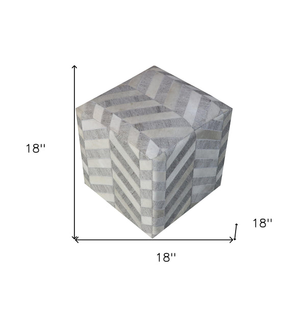 Homeroots 18" Gray And Ivory Hair On Hide Cube Chevron Pouf Ottoman   488737