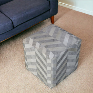 Homeroots 18" Gray And Ivory Hair On Hide Cube Chevron Pouf Ottoman   488737