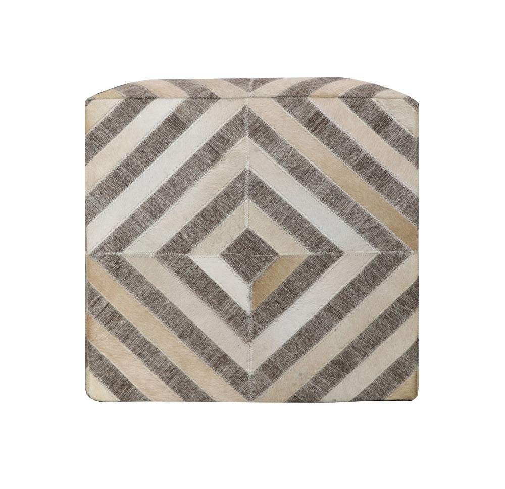 HomeRoots 18" Gray and Beige Hair on Hide Cube Pouf Ottoman - Chic Geometric Design for Versatile Home Style 488738