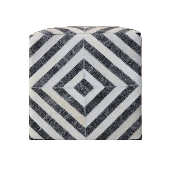 Homeroots 18" Dark Gray And Ivory Hair On Hide Cube Geometric Pouf Ottoman   488739