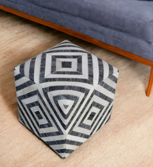 Homeroots 18" Dark Gray And Ivory Hair On Hide Cube Geometric Pouf Ottoman   488739