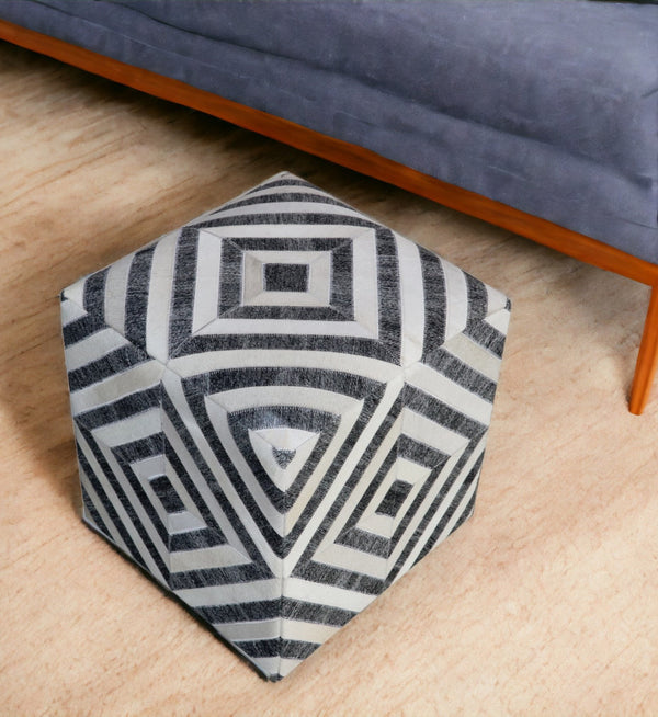 Homeroots 18" Dark Gray And Ivory Hair On Hide Cube Geometric Pouf Ottoman   488739