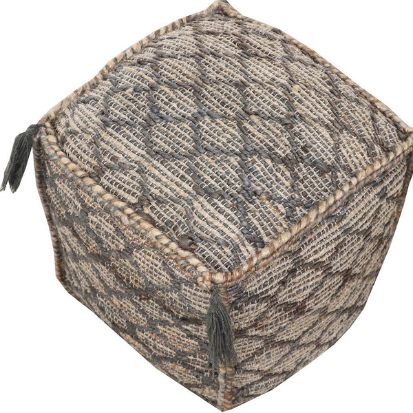 Homeroots 18" Natural Gray And Taupe Jute Cube Trellis Pouf Ottoman   488740