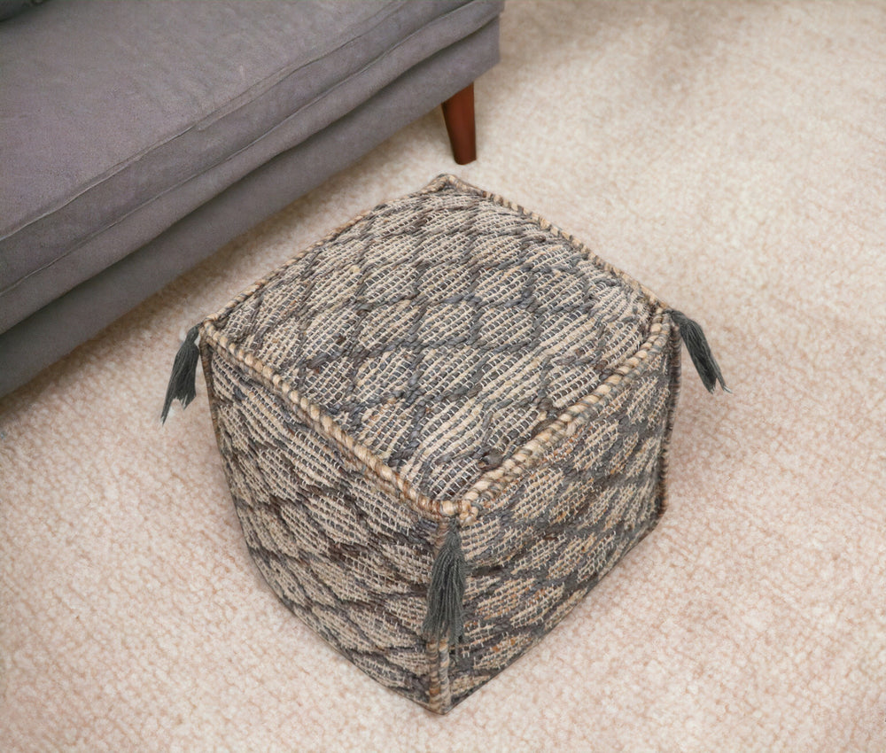 Homeroots 18" Natural Gray And Taupe Jute Cube Trellis Pouf Ottoman   488740