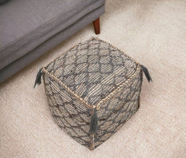 Homeroots 18" Natural Gray And Taupe Jute Cube Trellis Pouf Ottoman   488740