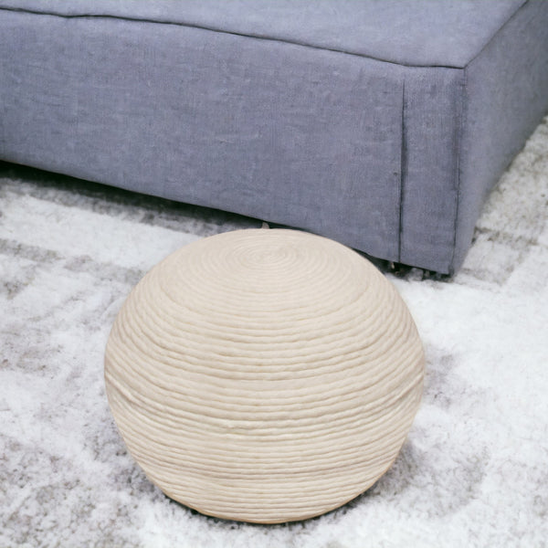 Homeroots 20" Ivory Wool Round Ribbed Pouf Ottoman   488742
