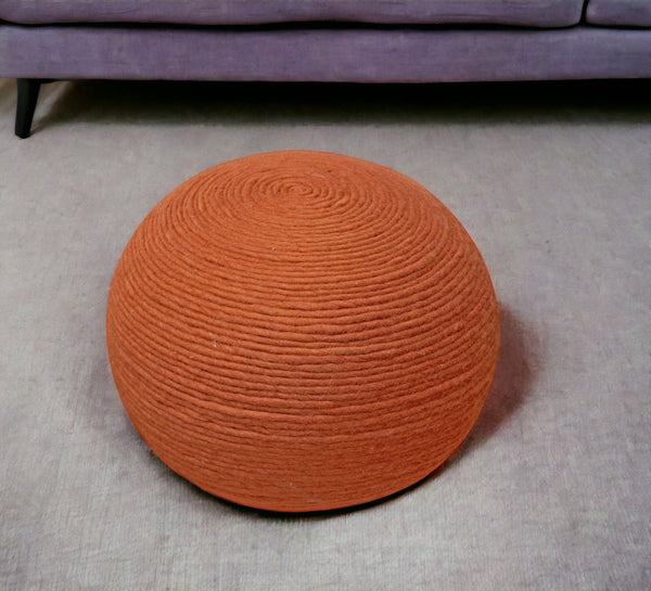 Homeroots 20" Orange Wool Round Ribbed Pouf Ottoman   488743