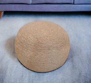 Homeroots 20" Beige Wool Round Ribbed Pouf Ottoman   488744