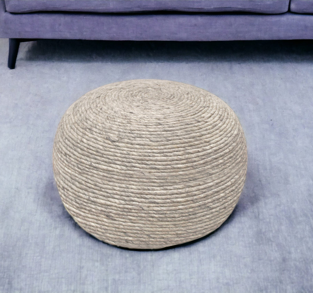 Homeroots 20" Gray Wool Round Ribbed Pouf Ottoman   488745