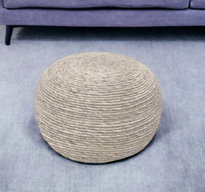 Homeroots 20" Gray Wool Round Ribbed Pouf Ottoman   488745
