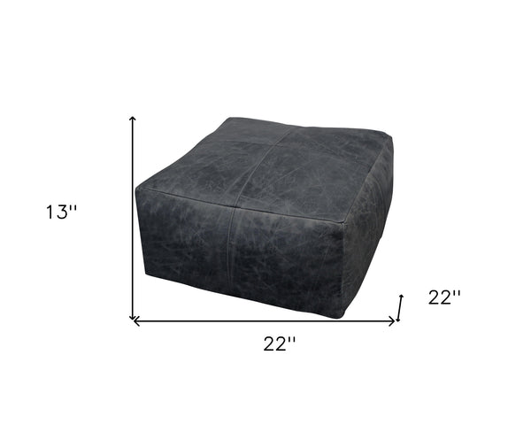 Homeroots 22" Black Distressed Leather Pouf Ottoman   488749