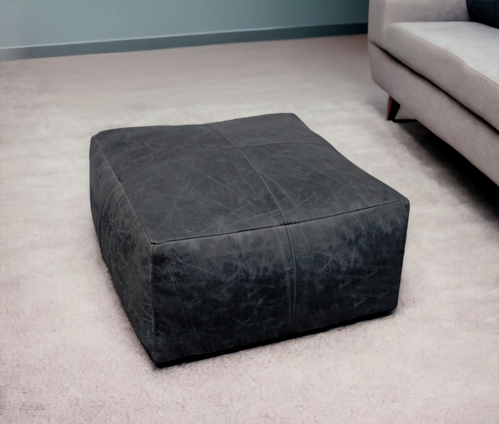 Homeroots 22" Black Distressed Leather Pouf Ottoman   488749