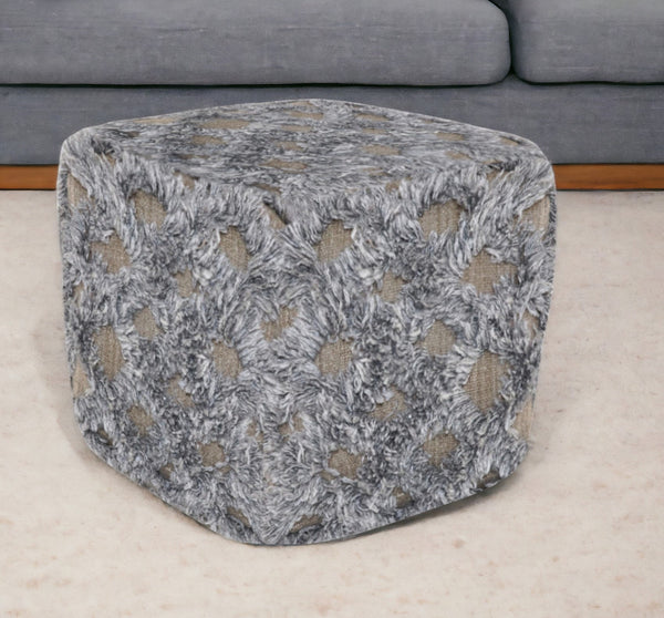 Homeroots 18" Natural And Gray Wool Cotton Blend Cube Geometric Pouf Ottoman   488750