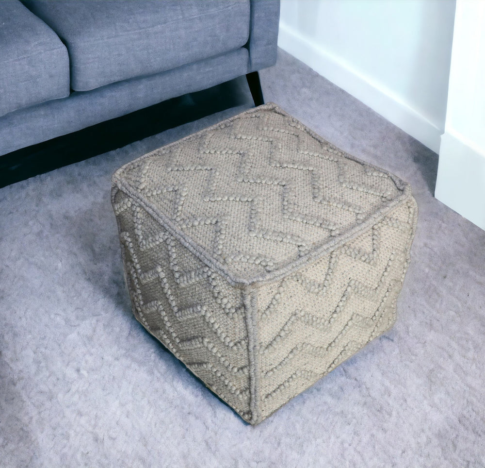 Homeroots 18" Gray Wool Cotton Blend Cube Chevron Pouf Ottoman   488751