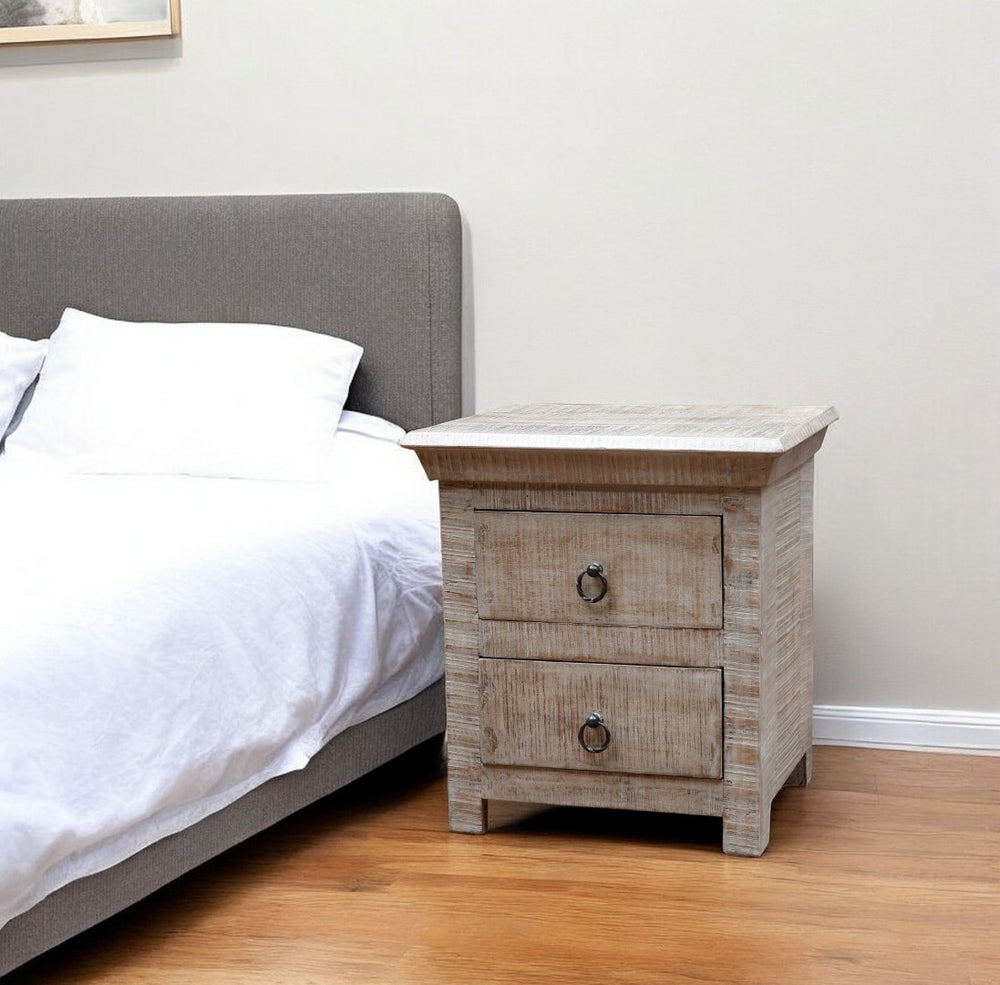 HomeRoots 24" Gray Solid Wood Nightstand with Two Drawers - Contemporary Design, Metal Accents & Ample Storage 488755