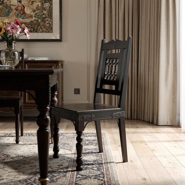 HomeRoots Dark Brown Metal and Wood Slat Back Dining Side Chair - Versatile Comfort for Any Space, Stylish Accent 488775