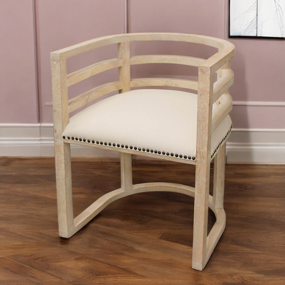 Homeroots Ivory And Natural Upholstered Linen Curved Back Dining Arm Chair  Wood 488779