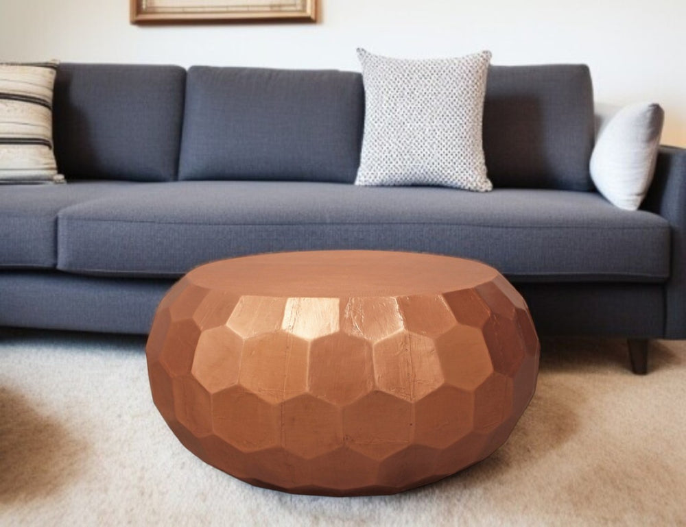 HomeRoots 28" Copper Iron Hexagon Drum Coffee Table - Stylish Mid-Century Accent for Living Room & Office Decor 488784