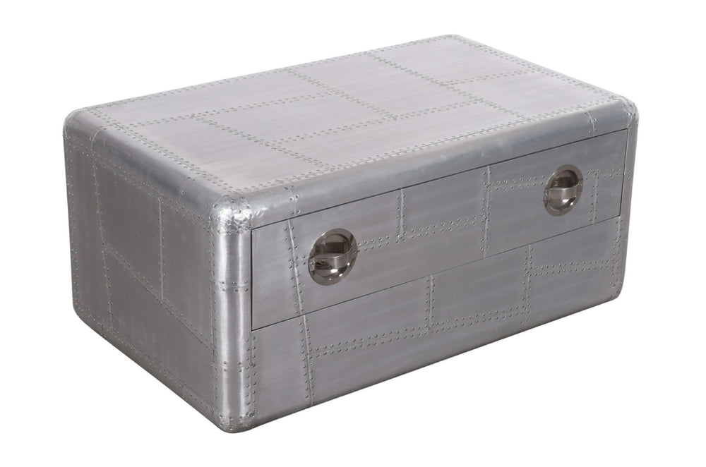 HomeRoots 40" Silver Aluminum Coffee Table - Vintage Aviation Style with Drawer for Modern Living Spaces 488787