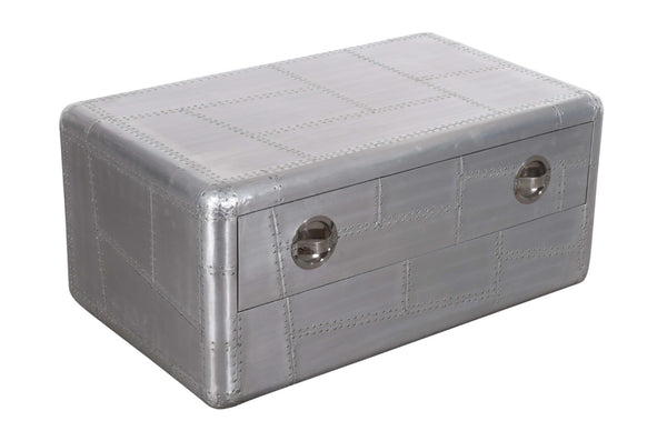 HomeRoots 40" Silver Aluminum Coffee Table - Vintage Aviation Style with Drawer for Modern Living Spaces 488787