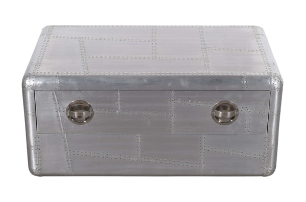 HomeRoots 40" Silver Aluminum Coffee Table - Vintage Aviation Style with Drawer for Modern Living Spaces 488787