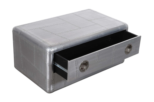HomeRoots 40" Silver Aluminum Coffee Table - Vintage Aviation Style with Drawer for Modern Living Spaces 488787