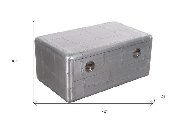 HomeRoots 40" Silver Aluminum Coffee Table - Vintage Aviation Style with Drawer for Modern Living Spaces 488787