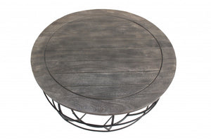 Homeroots 32" Gray Wash Solid Wood And Cast Iron Round Distressed Coffee Table   488788