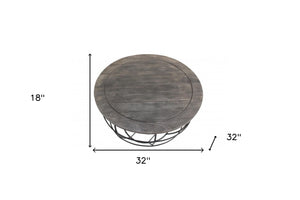 Homeroots 32" Gray Wash Solid Wood And Cast Iron Round Distressed Coffee Table   488788