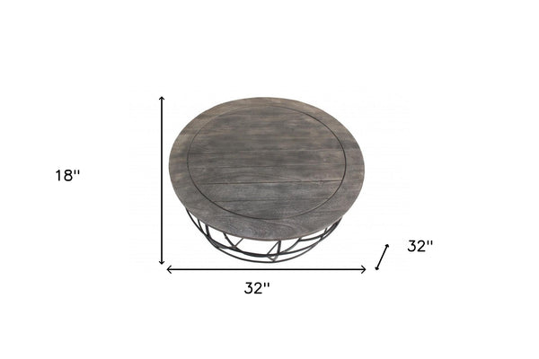 Homeroots 32" Gray Wash Solid Wood And Cast Iron Round Distressed Coffee Table   488788