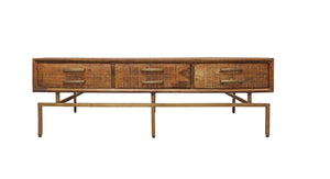 Homeroots 56" Brass And Brown Solid Wood Rectangular Distressed Storage Coffee Table   488789