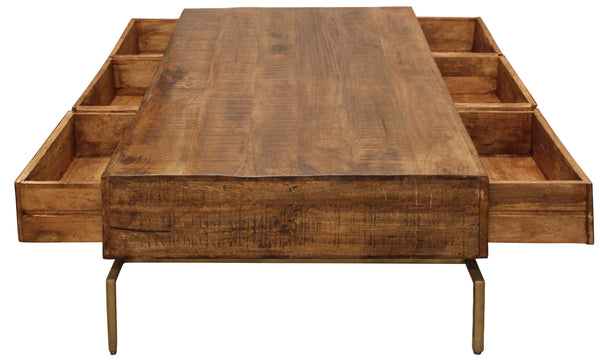 Homeroots 56" Brass And Brown Solid Wood Rectangular Distressed Storage Coffee Table   488789
