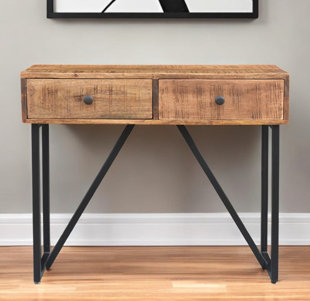Homeroots 36" Natural And Black Solid Wood Distressed Frame Console Table And Drawers   488797