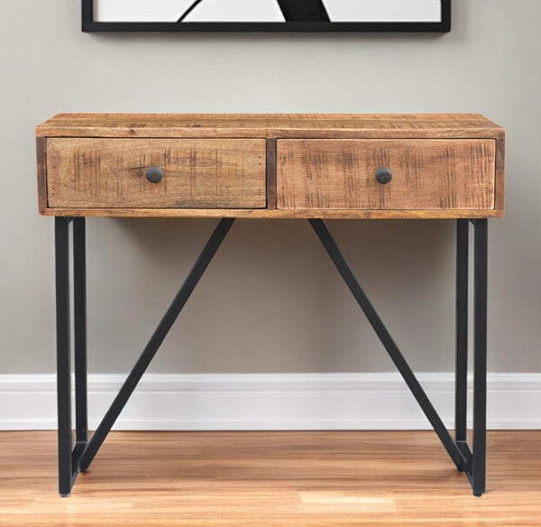Homeroots 36" Natural And Black Solid Wood Distressed Frame Console Table And Drawers   488797